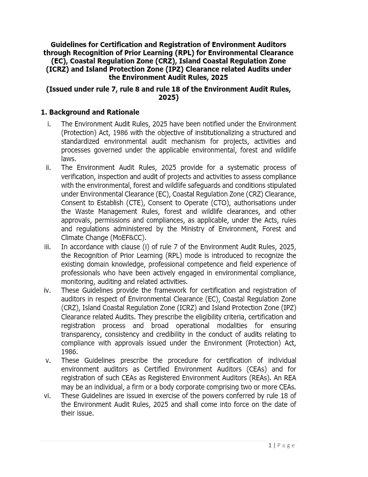 Guidelines for Certification and Registration of Environment Auditors through Recognition of Prior Learning (RPL) – Environment Audit Rules, 2025
