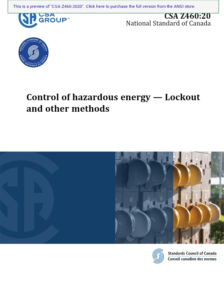 CSA Z460:2020 – Control of Hazardous Energy — Lockout and Other Methods
