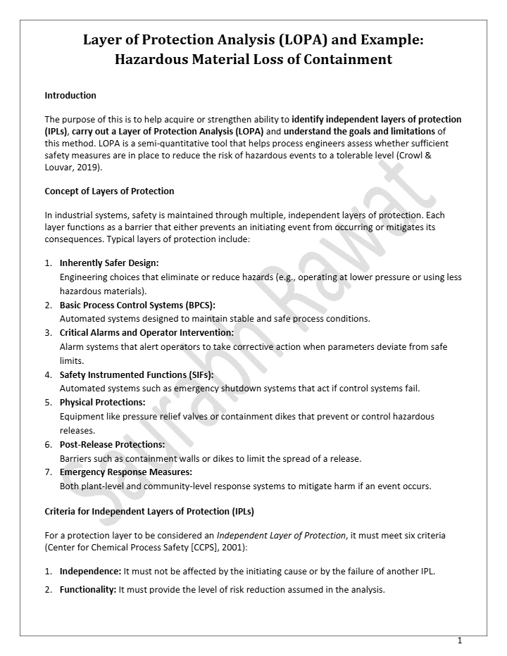 Layer of Protection Analysis (LOPA) and Hazardous Material Loss of Containment: