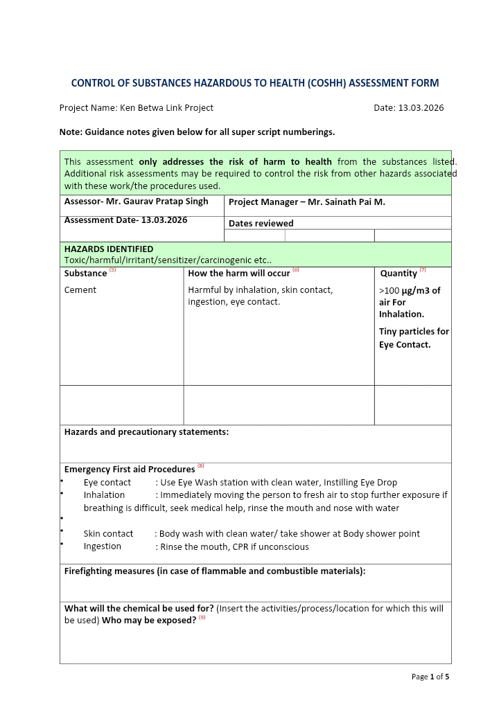 Control of Substances Hazardous to Health (COSHH) Assessment Form – Cement