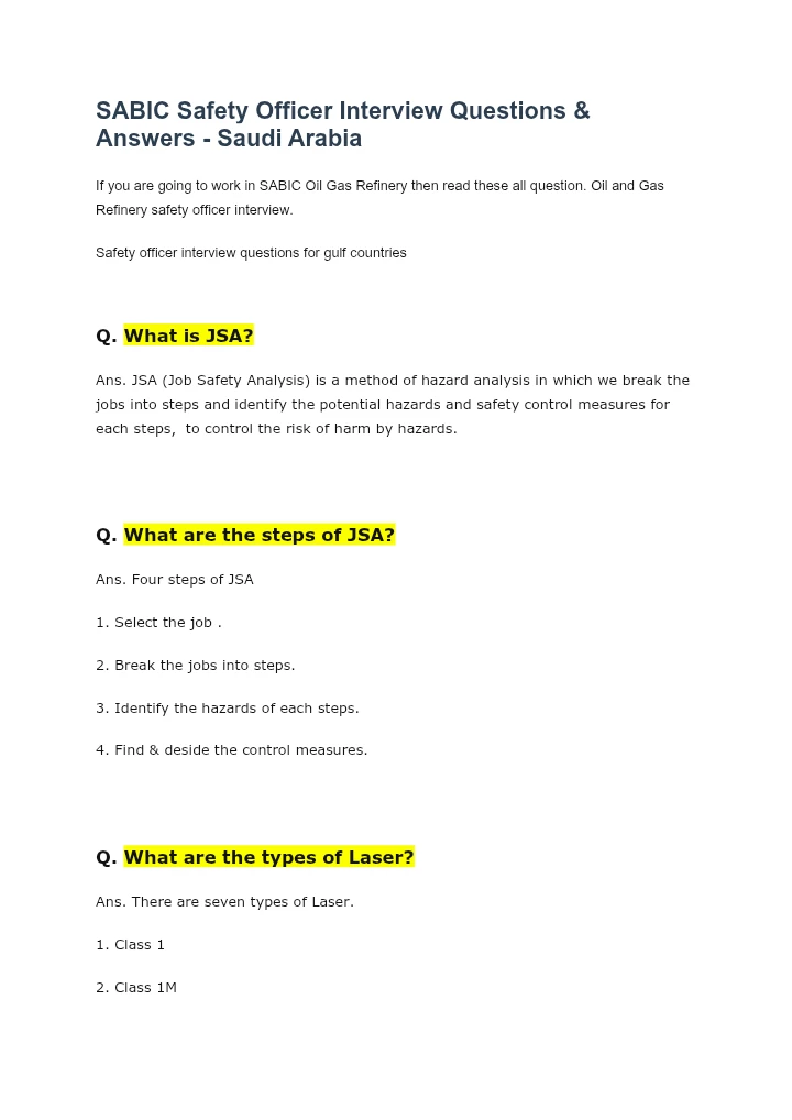 SABIC Safety Officer Interview Questions & Answers – Saudi Arabia