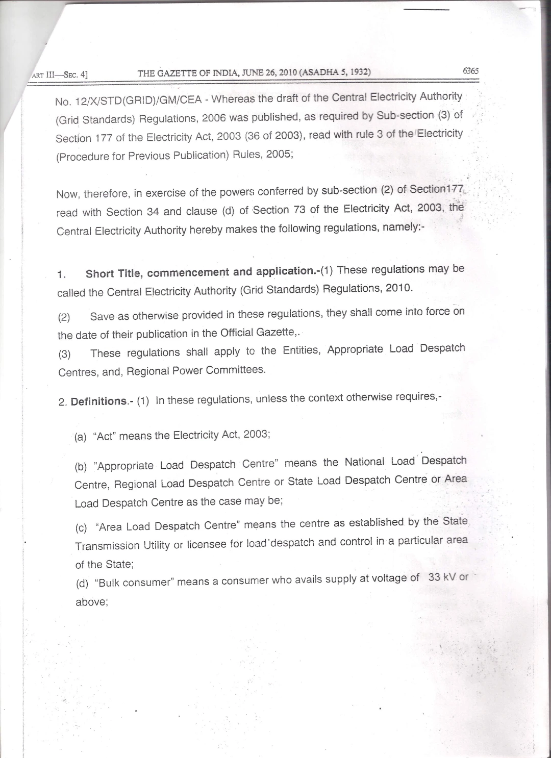 Central Electricity Authority (Grid Standards) Regulations, 2010