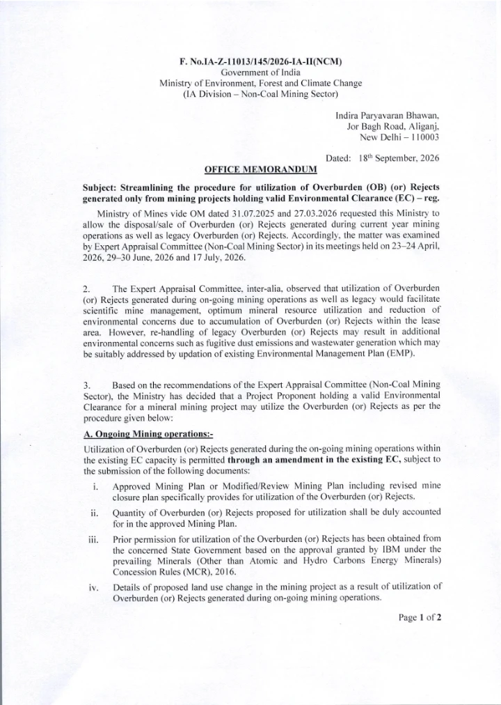 Streamlining the Procedure for Utilization of Overburden (OB) or Rejects Generated from Mining Projects Holding Valid Environmental Clearance (EC)