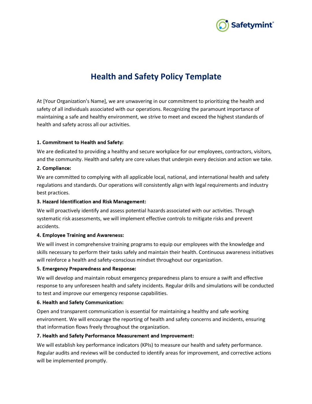 Health and Safety Policy Statement – Editable Workplace Safety Policy Template