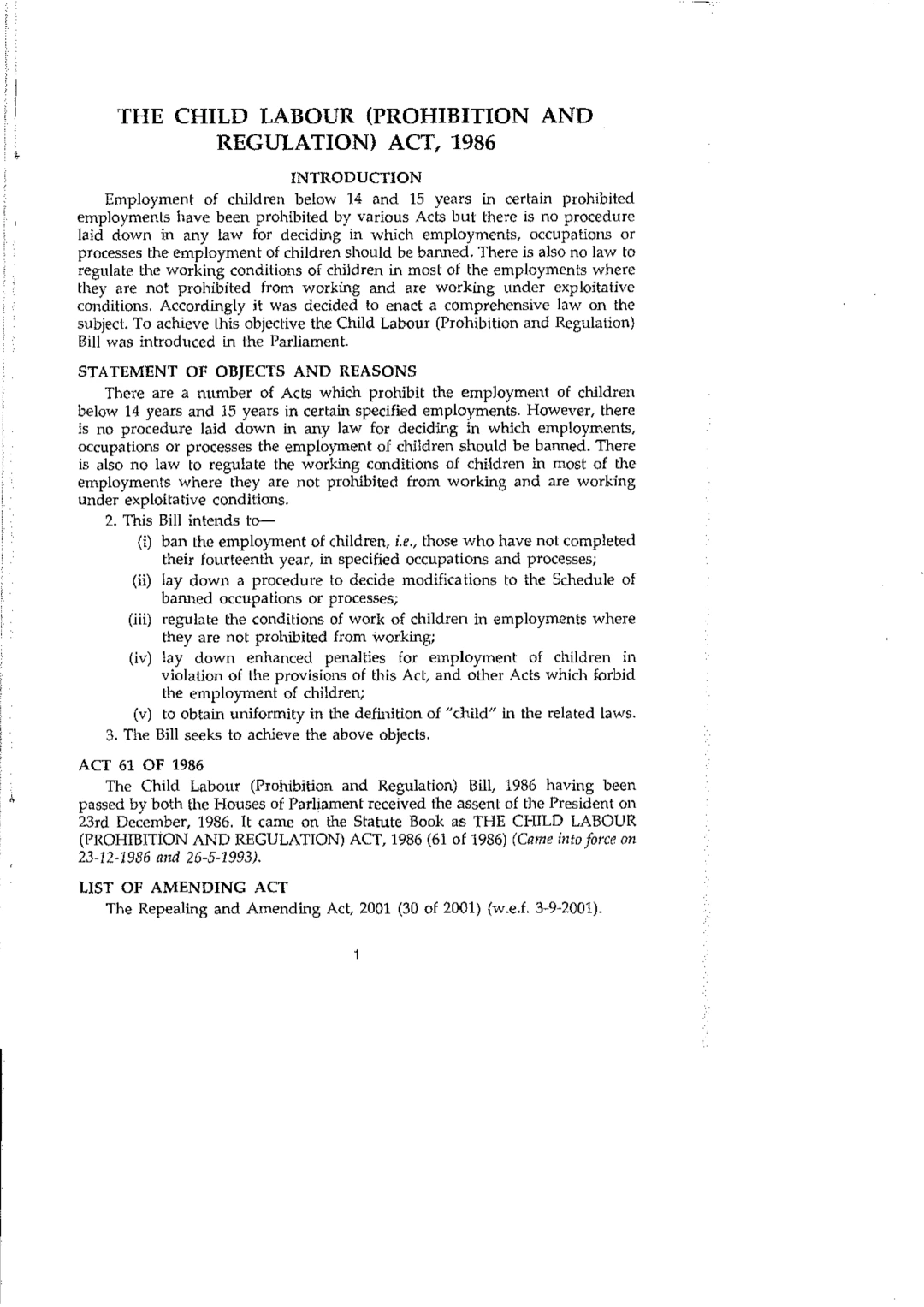 The Child Labour (Prohibition and Regulation) Act, 1986