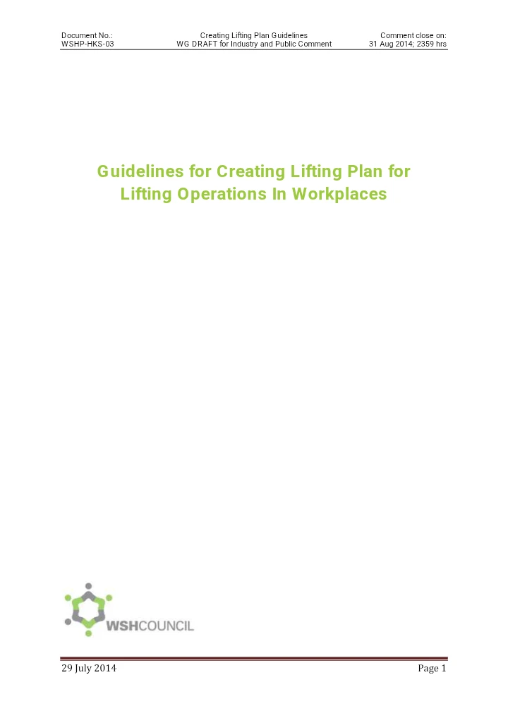Guidelines for Creating Lifting Plan for Lifting Operations in Workplaces