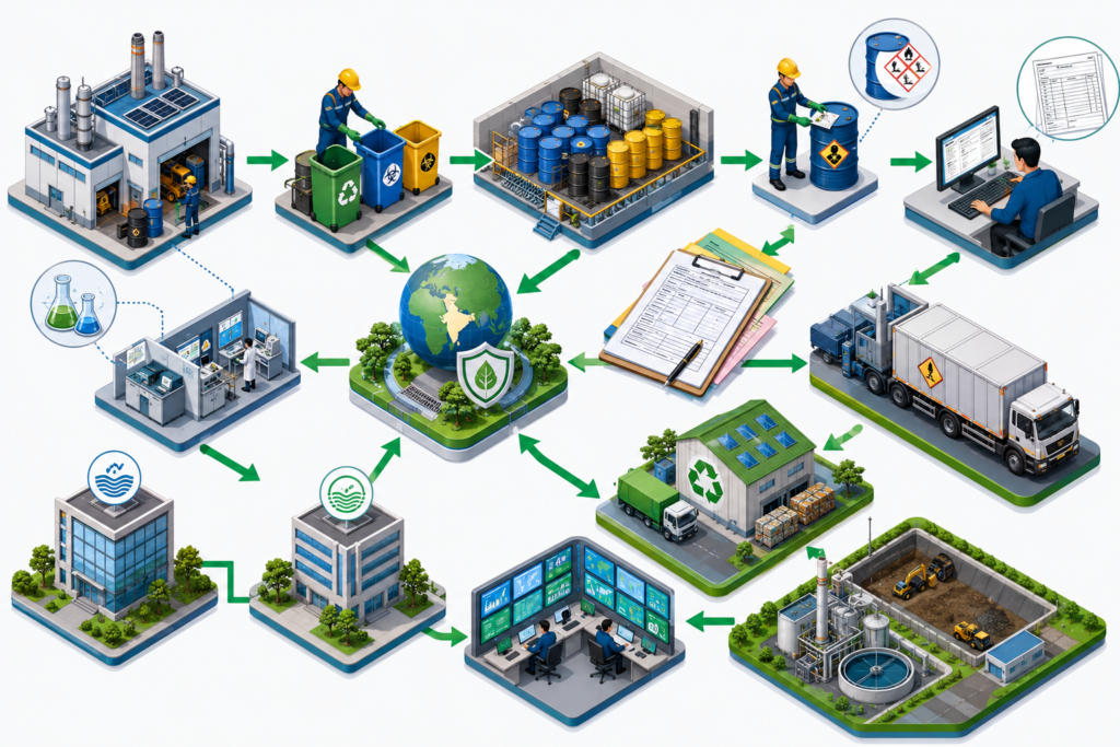 Hazardous waste management process from generation to storage, transportation, recycling and final disposal in India.