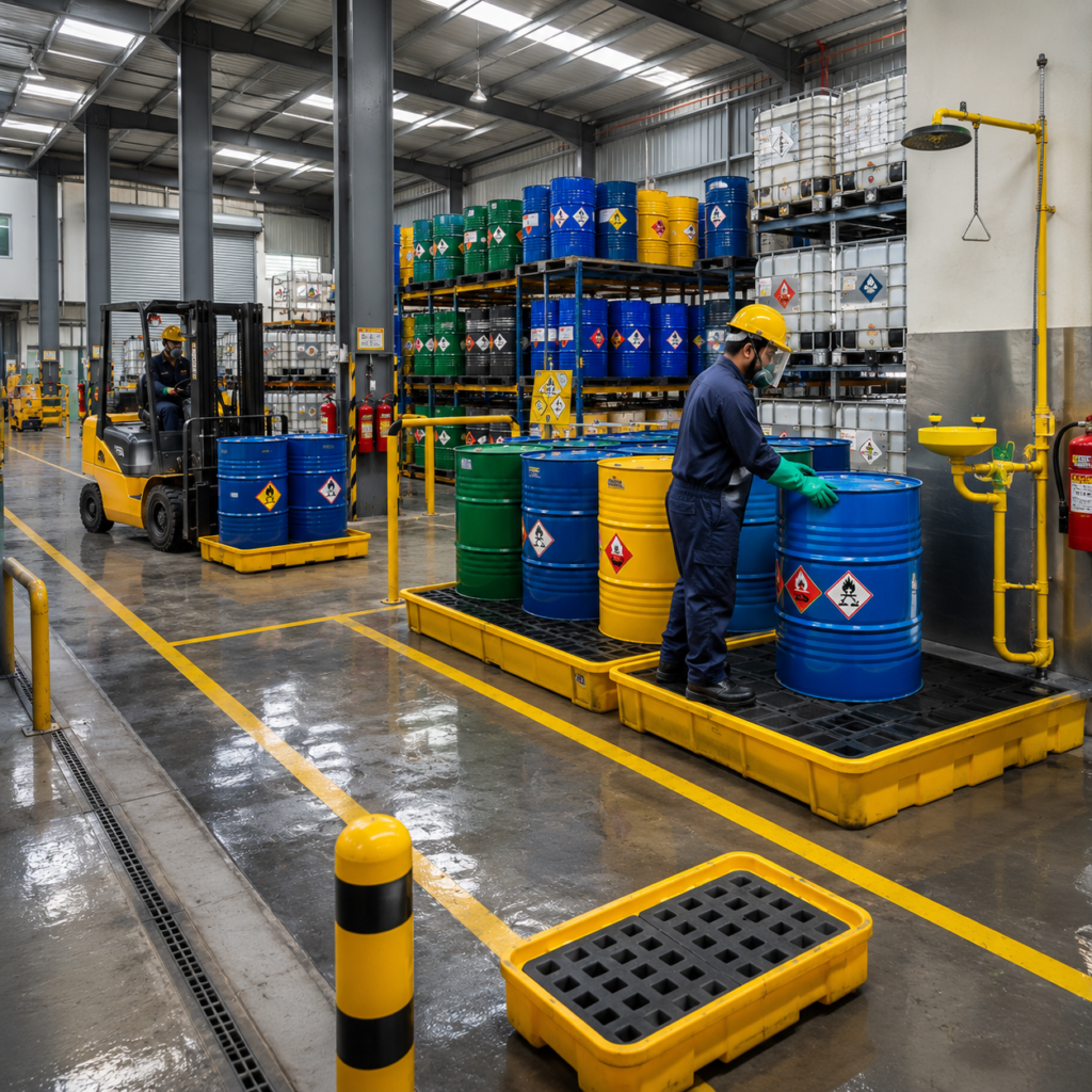 Industrial hazardous waste storage area with labeled drums, spill containment pallets, PPE, emergency shower and warning signs.