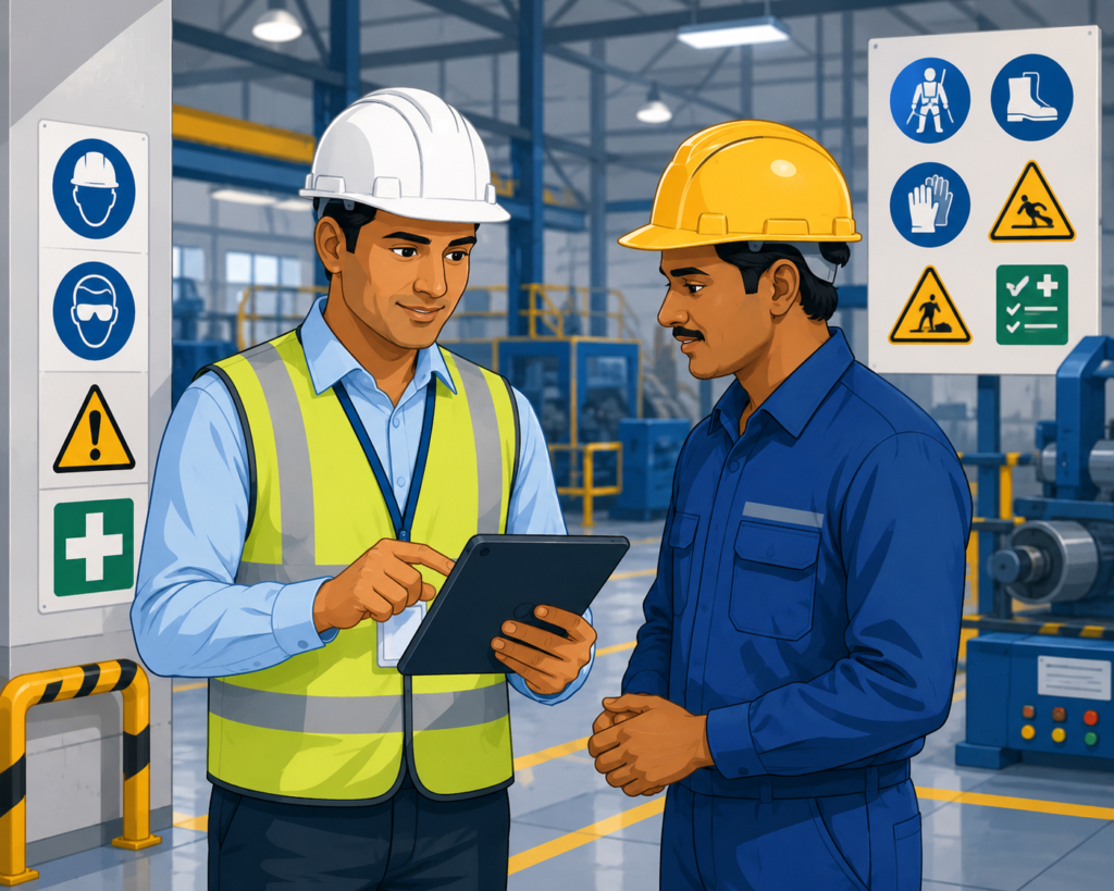 Illustration of an Inspector-cum-Facilitator conducting a workplace safety inspection under the OSHWC Code, 2020