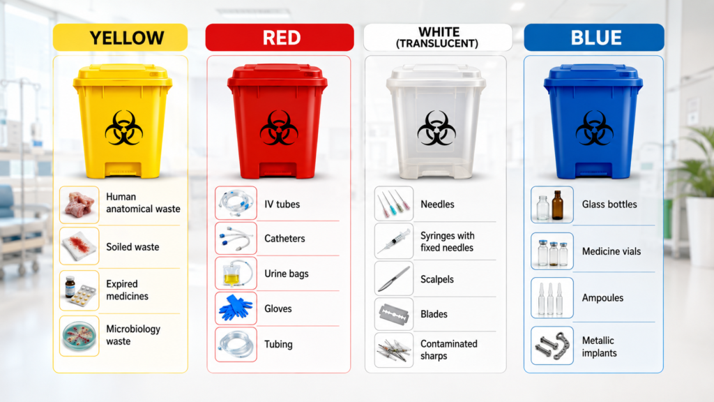 Yellow, red, white and blue bio-medical waste segregation bins as per Schedule I
